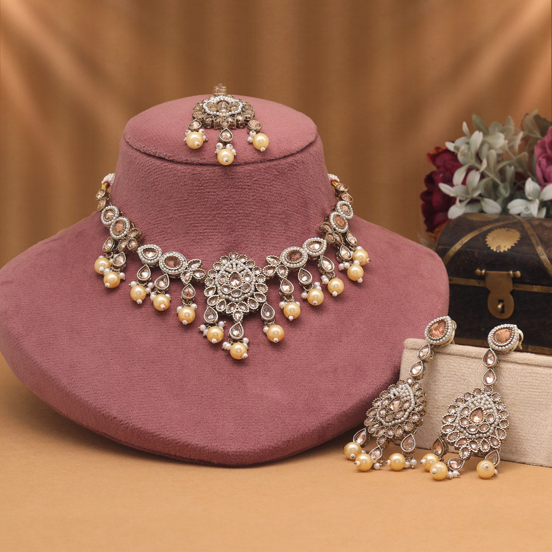 High-Shine Gold Color American Diamond Necklaces Set For Bridal Jewelry