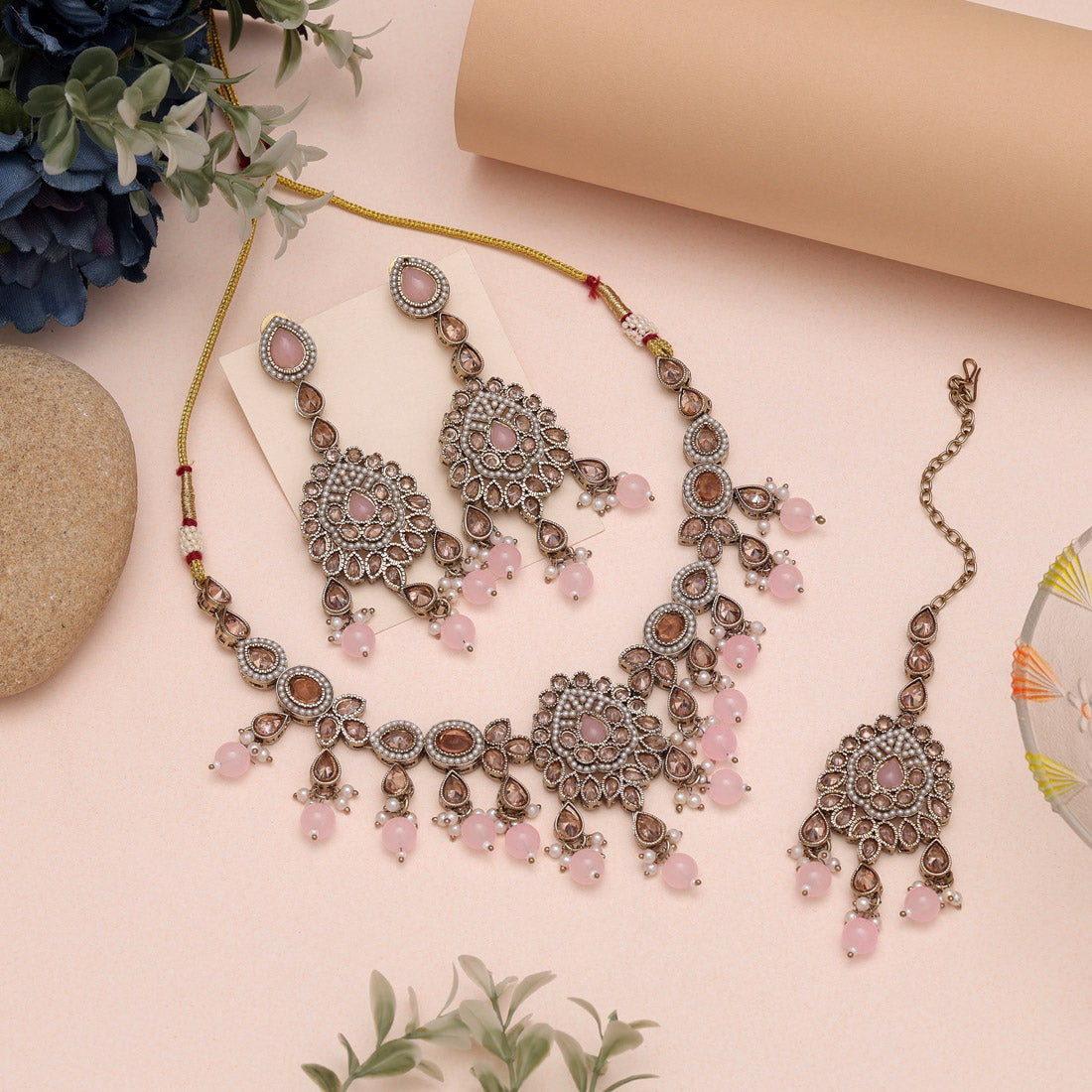 Chic Pink Color American Diamond Necklaces Set With Modern Design Aesthetics