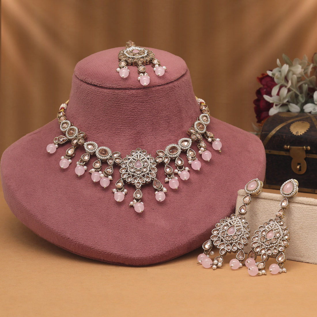 Chic Pink Color American Diamond Necklaces Set With Modern Design Aesthetics