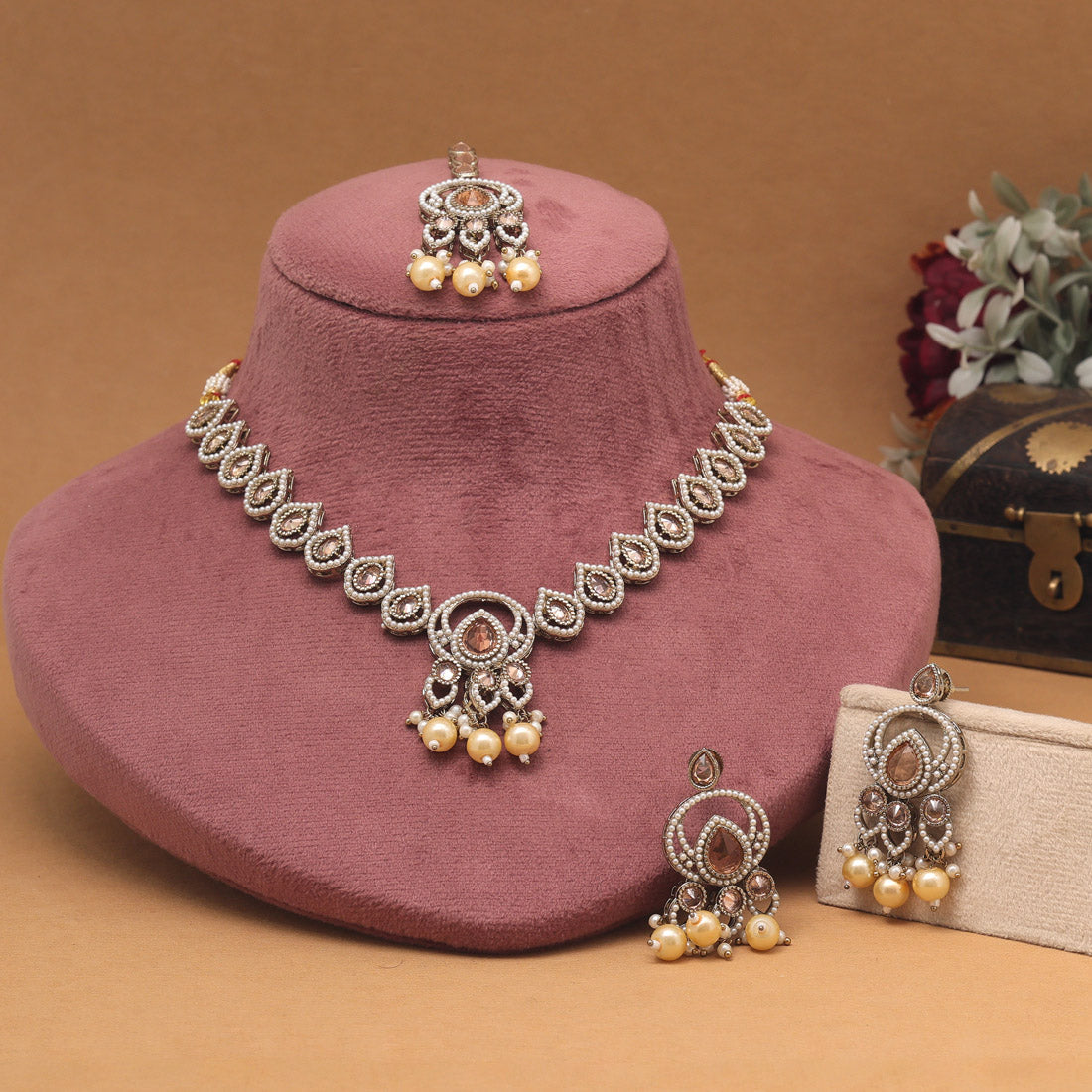 Golden Glow American Diamond Necklaces Set In Gold Color With Stone Detailing