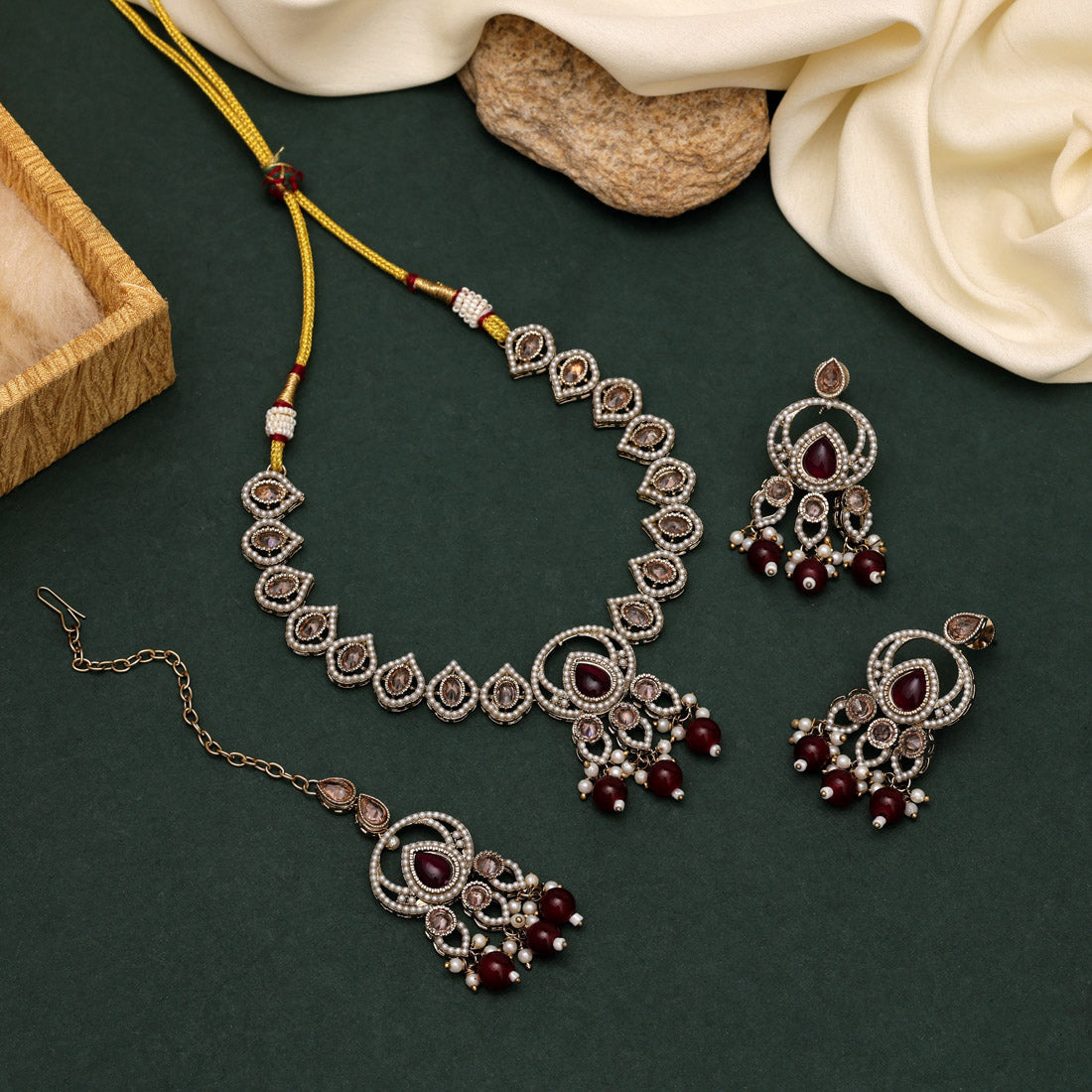 Sophisticated Maroon Color American Diamond Necklaces Set For Grand Events