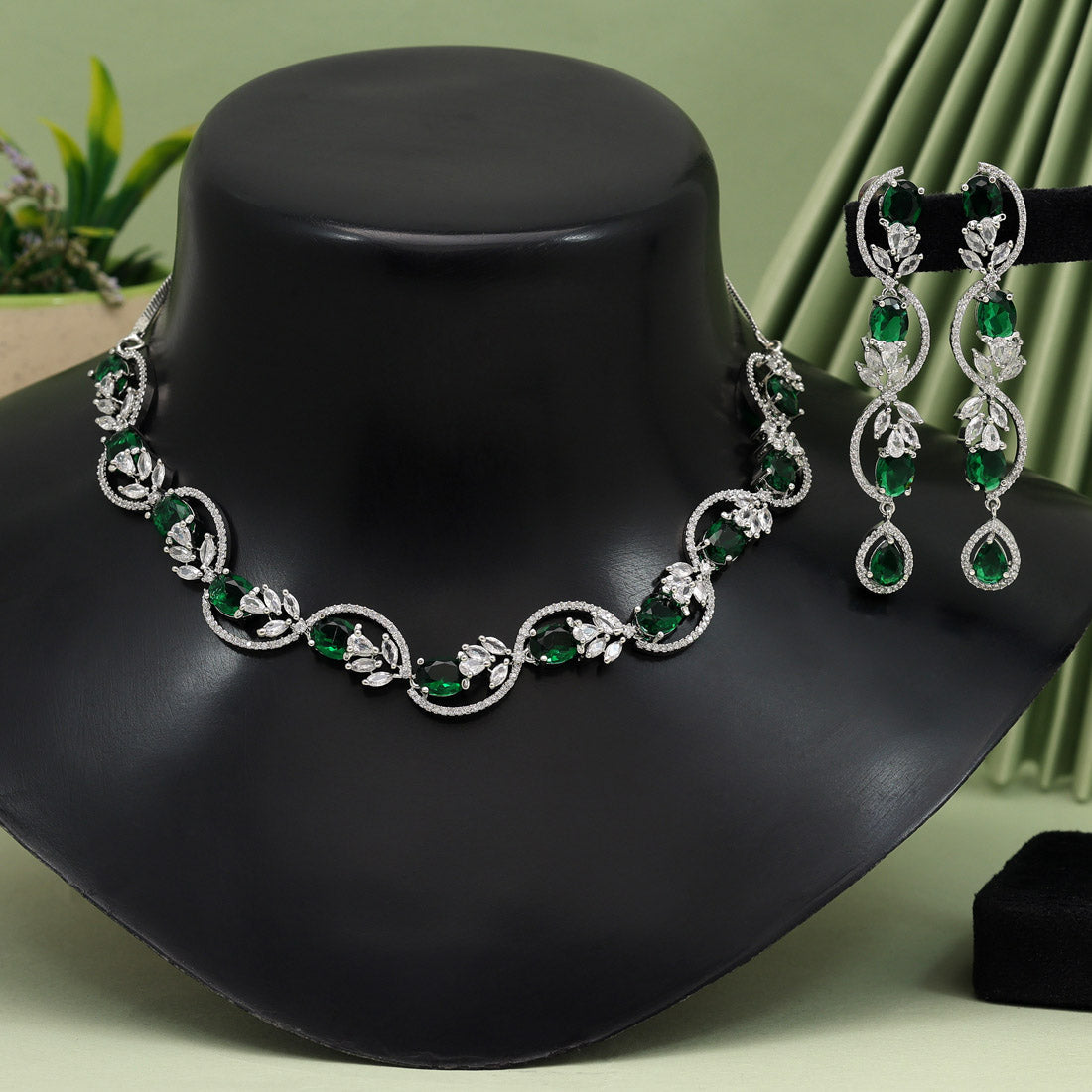 Green Color American Diamond Necklace Set (CZN920GRN)