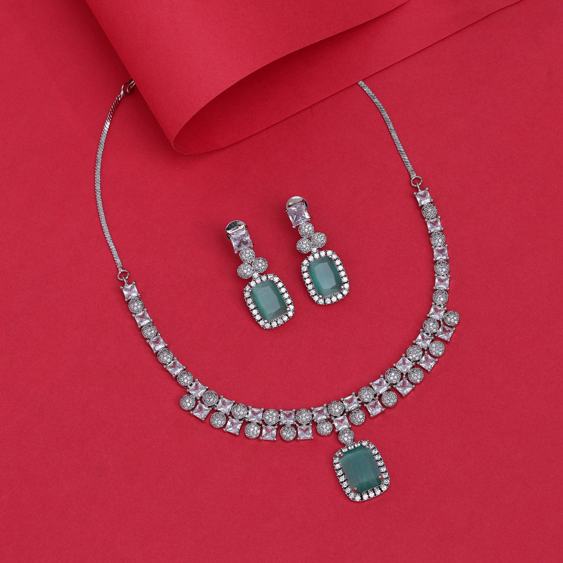 Pista Green Color American Diamond Necklace Set (CZN937PGRN)