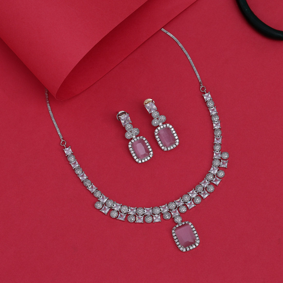 Pink Color American Diamond Necklace Set (CZN937PNK)