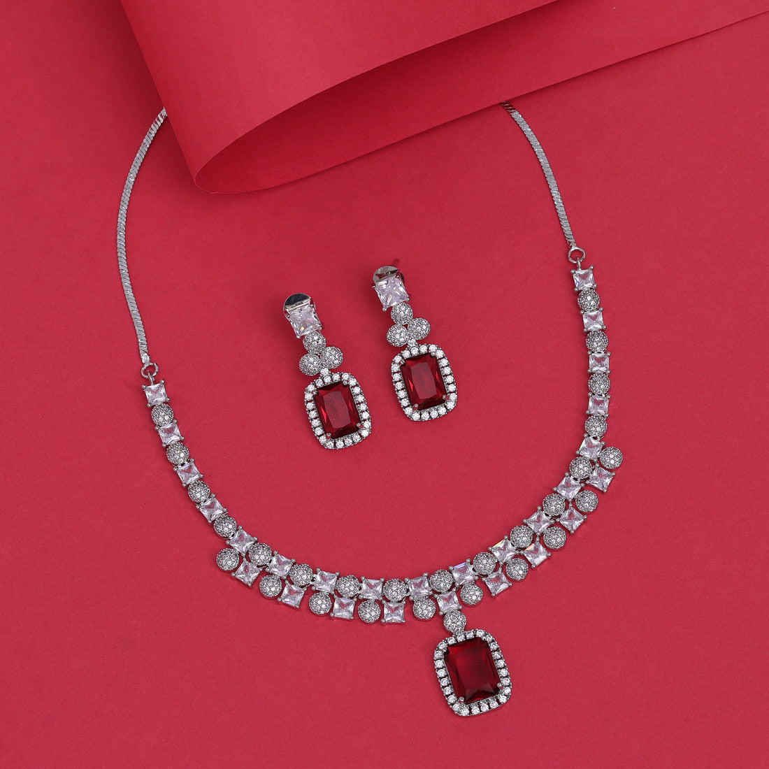 Ruby Color American Diamond Necklace Set (CZN937RUBY)