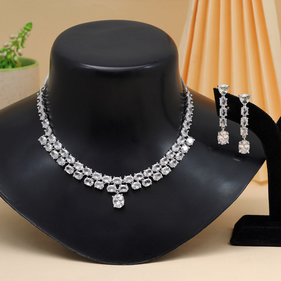 Silver Color American Diamond Necklace Set (CZN942SLV)