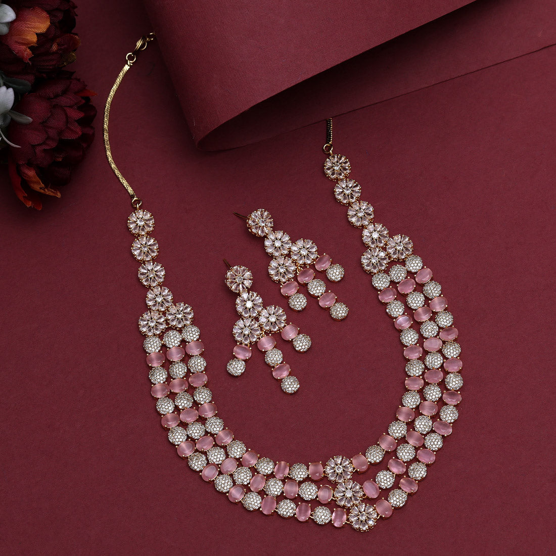 Pink Color American Diamond Necklace Set (CZN945PNK)