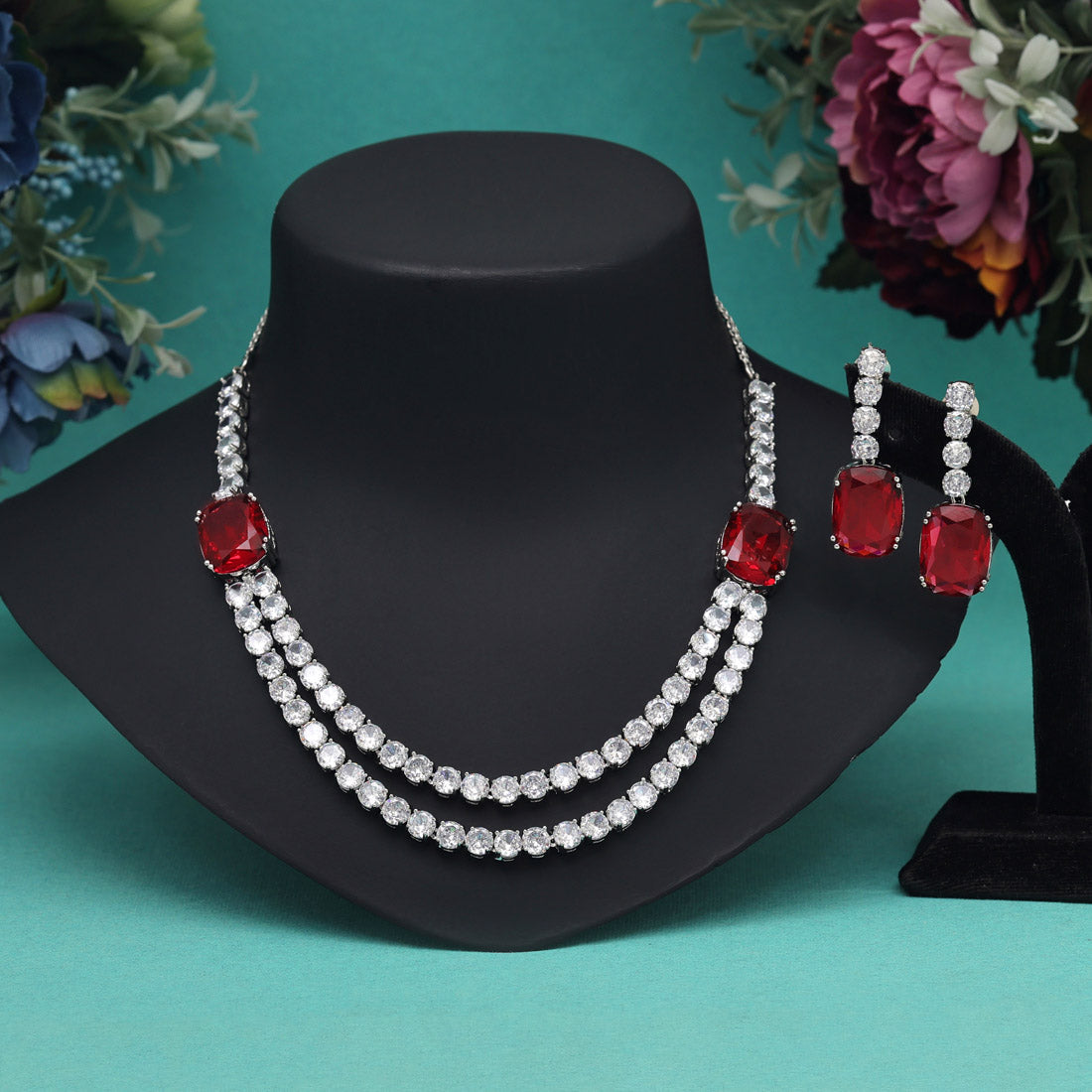Ruby Color American Diamond Necklace Set (CZN974RUBY)