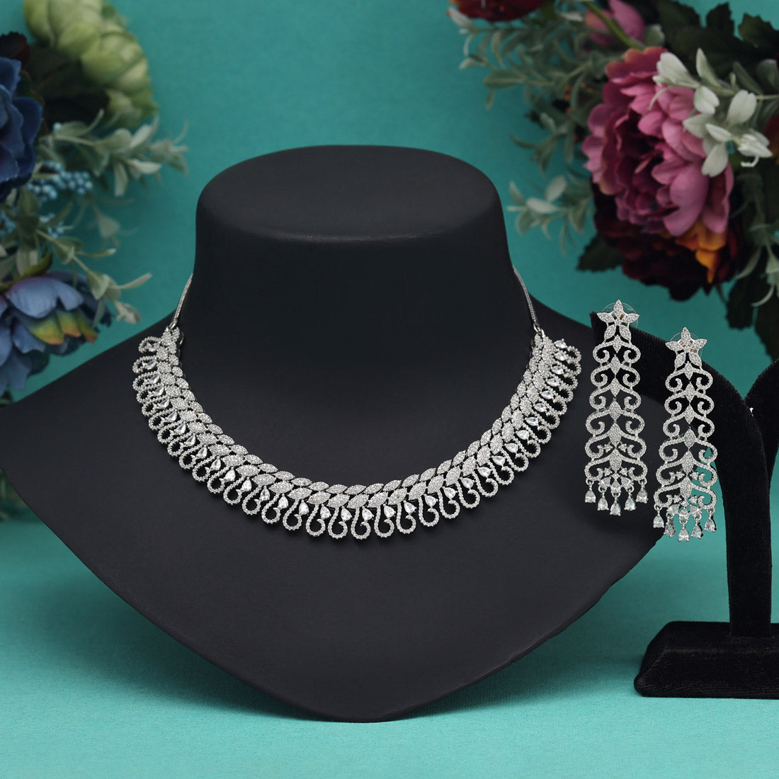 Silver Color American Diamond Necklace Set (CZN975SLV)