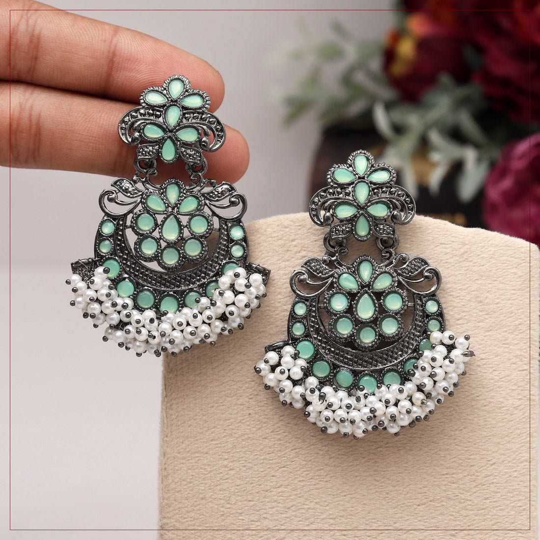 Pista Green Color Black Antique Earrings (DRKDE169PGRN)