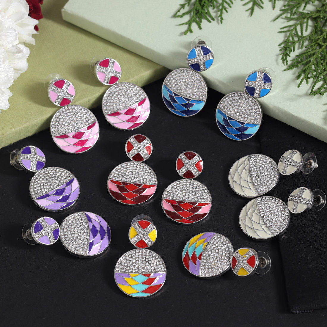 Assorted Color Meena Work 6 Pairs Of Fashion Earrings (FE103CMB)
