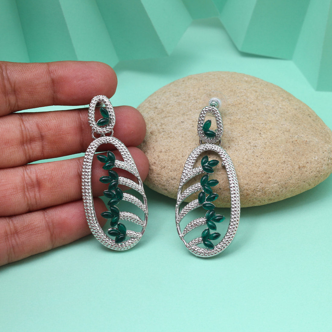 Green Color Fashion Earrings With Leaf-Inspired Elegant Jewelry Design Theme