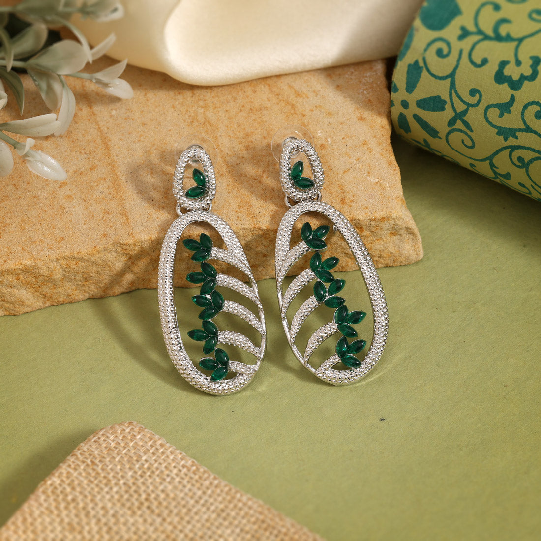 Green Color Fashion Earrings With Leaf-Inspired Elegant Jewelry Design Theme