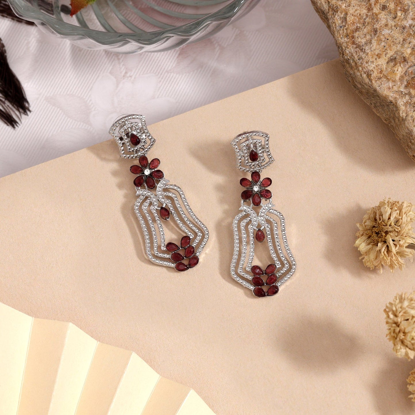 Statement Magenta Color Fashion Earrings With Crystal Detailing And Shine
