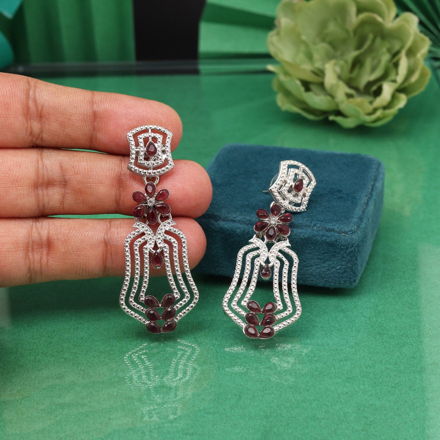 Statement Magenta Color Fashion Earrings With Crystal Detailing And Shine