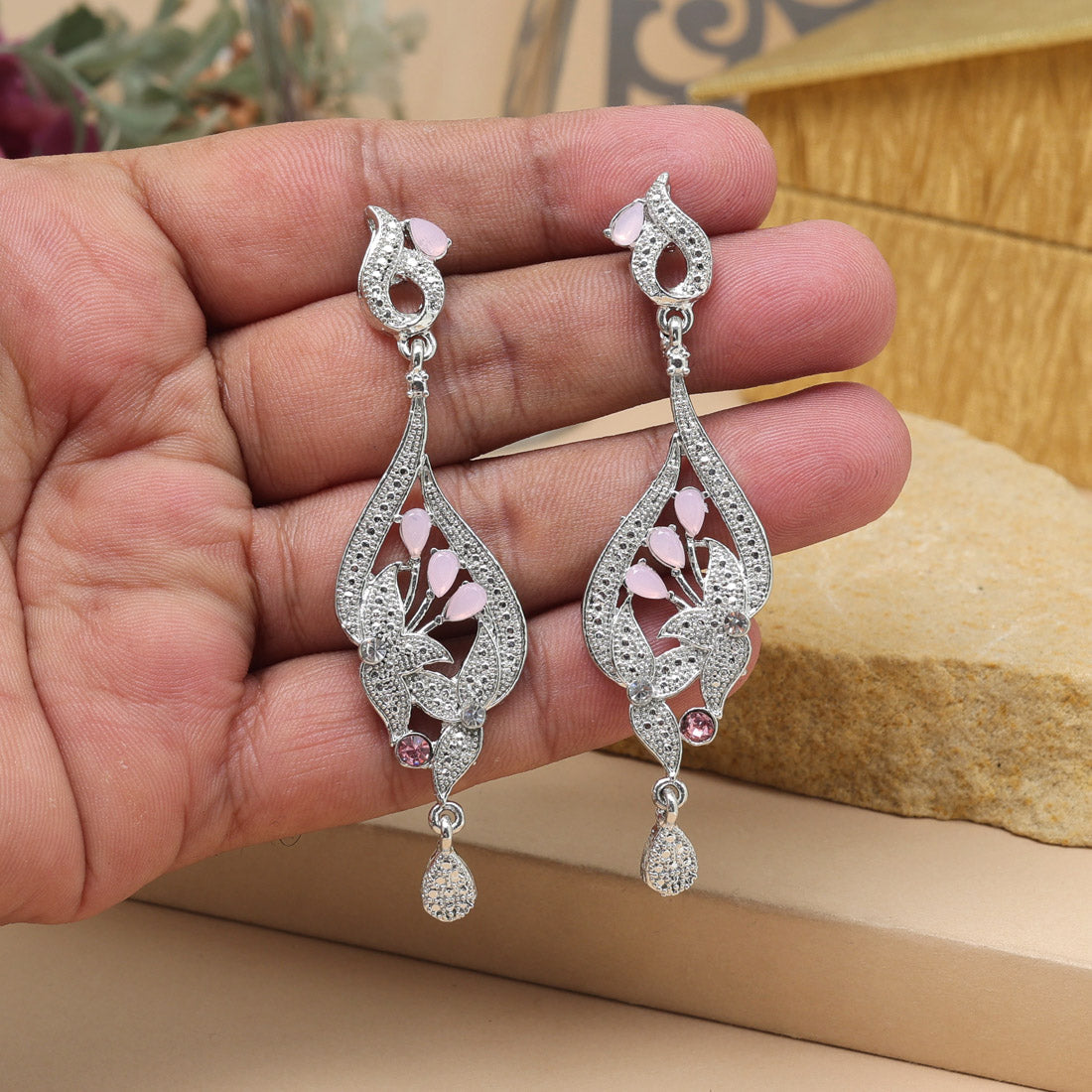 Pink Color Fashion Earrings With Glamorous Shine And Stone Embellishment