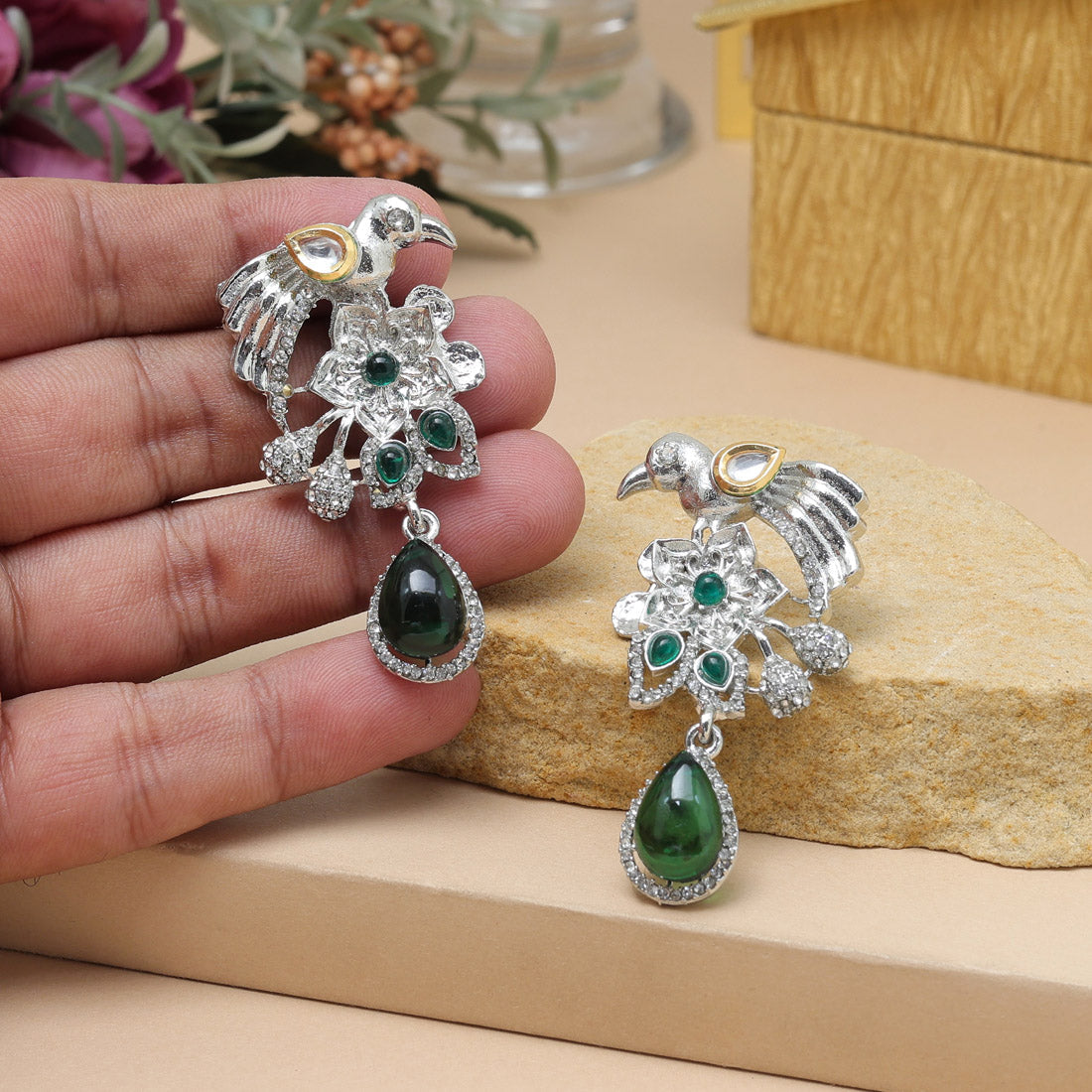 Green Color Fashion Earrings With Peacock Motif And Mirror Accent