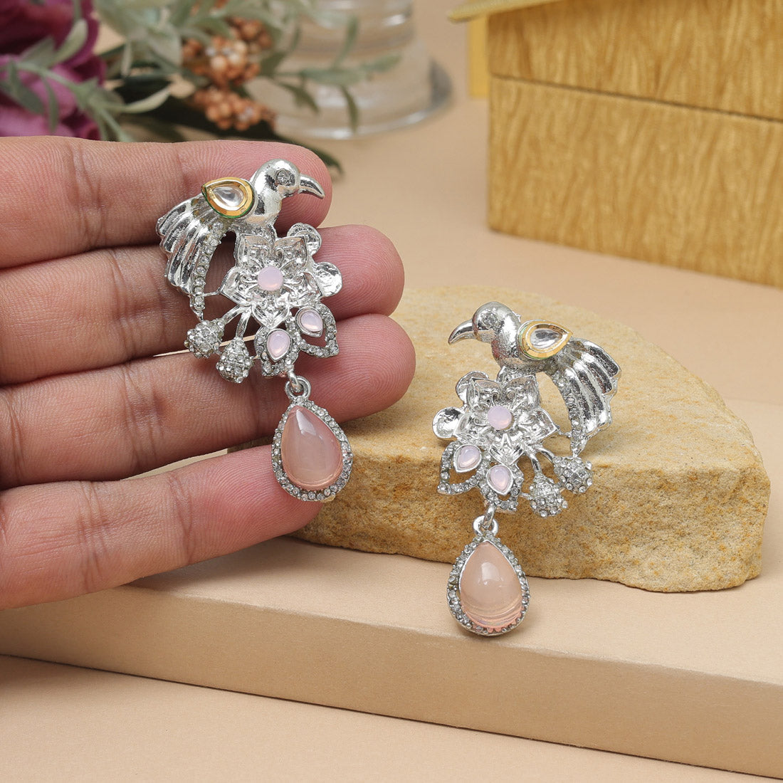 Peach Color Fashion Earrings With Stones And Gold Finish Detailing
