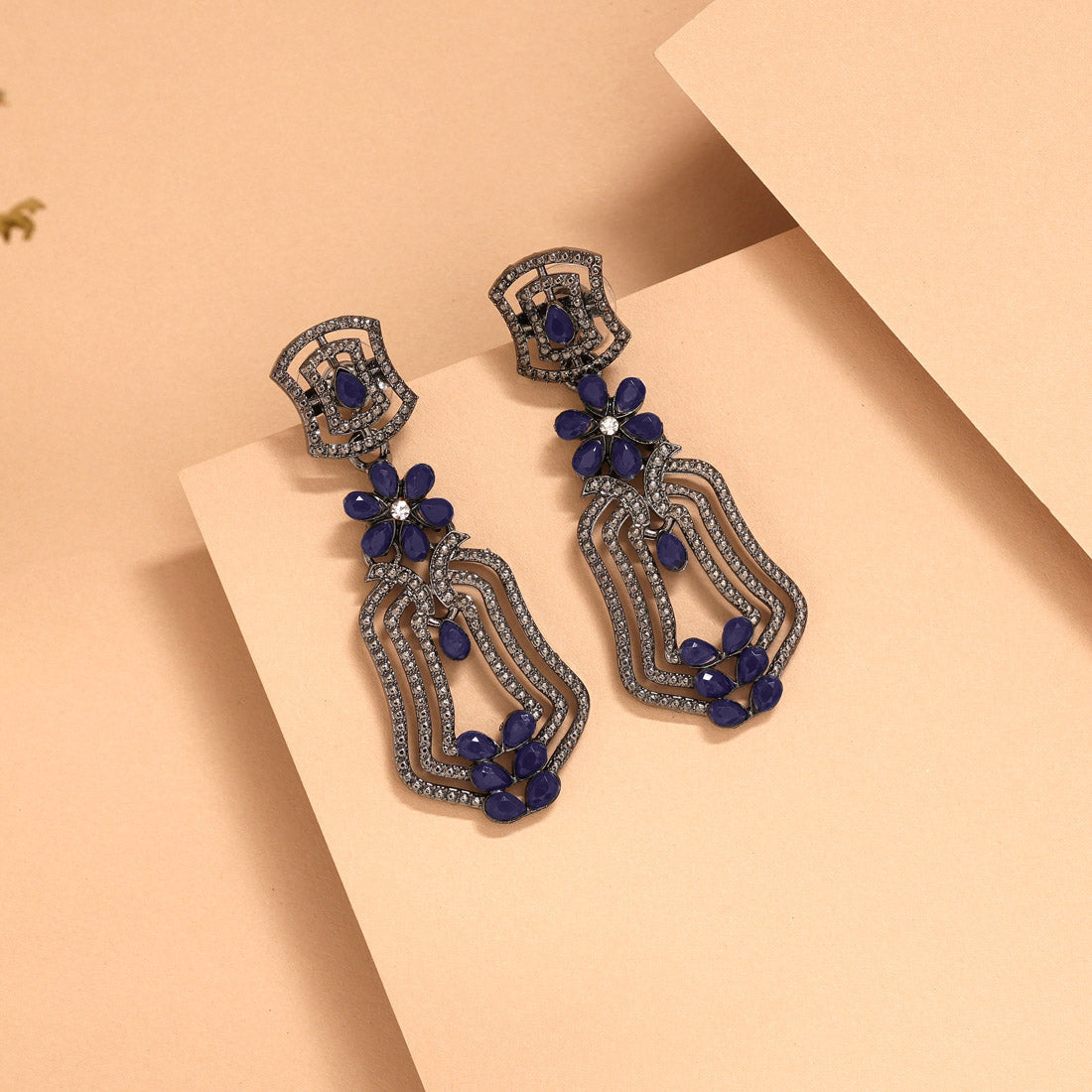 Blue Color Fashion Earrings With Studded Stones And Dangling Beads