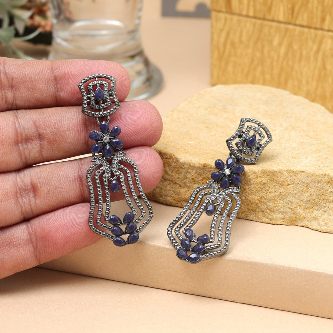Blue Color Fashion Earrings With Studded Stones And Dangling Beads
