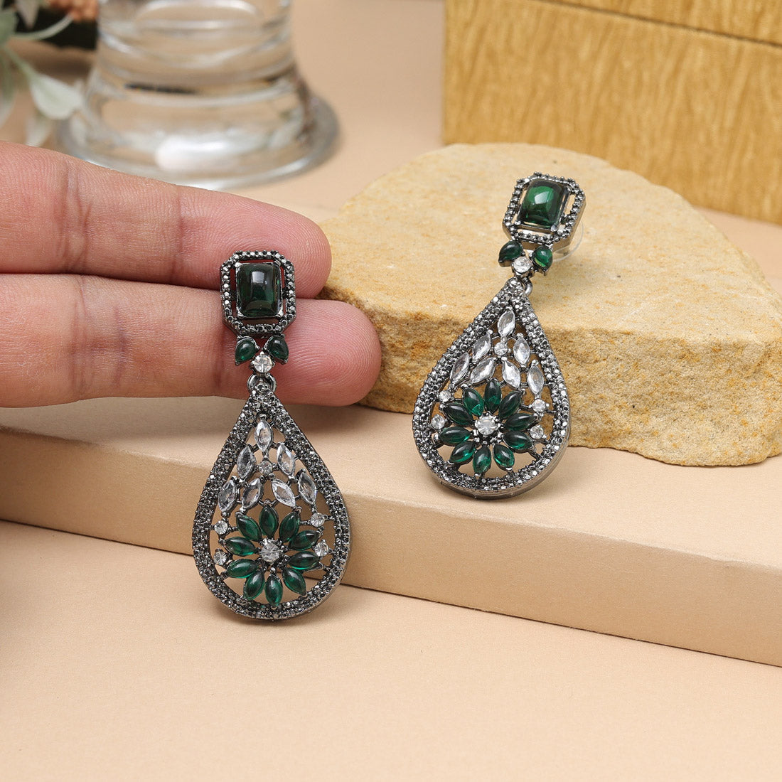 Green Color Fashion Earrings Designed For Casual Ethnic Blends