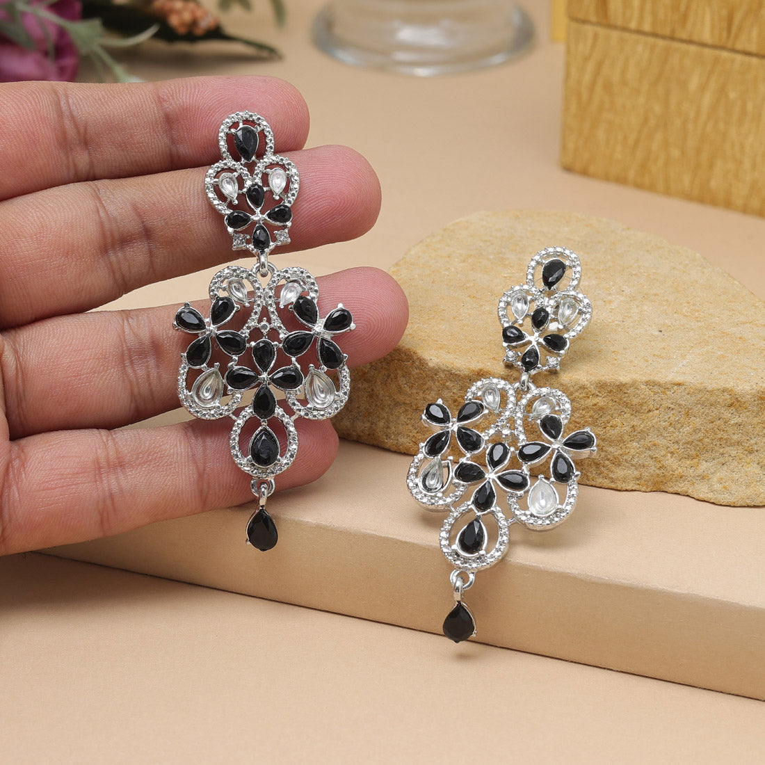 Black Color Fashion Earrings In Dual Tone Finish For Occasions