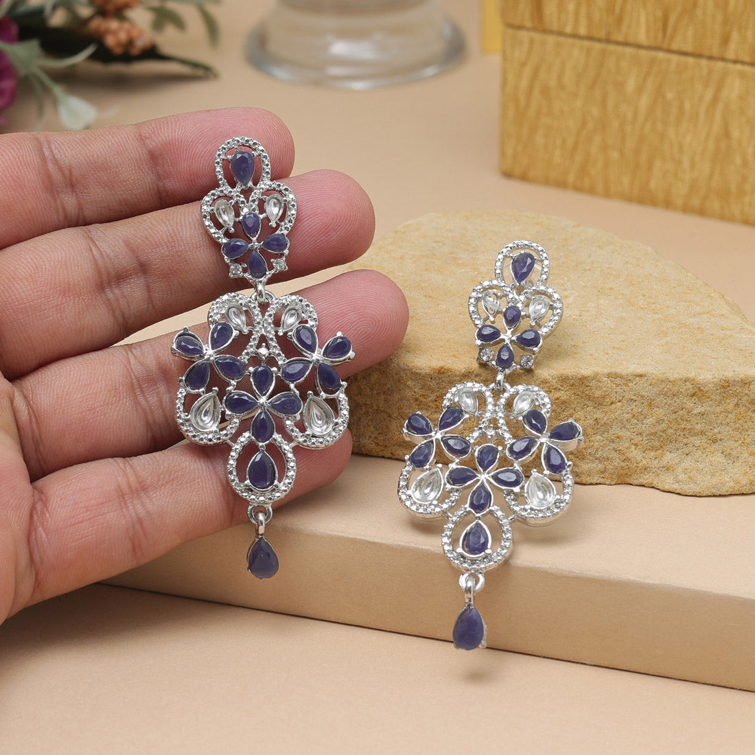Blue Color Fashion Earrings With Designer Hanging Stones For Women