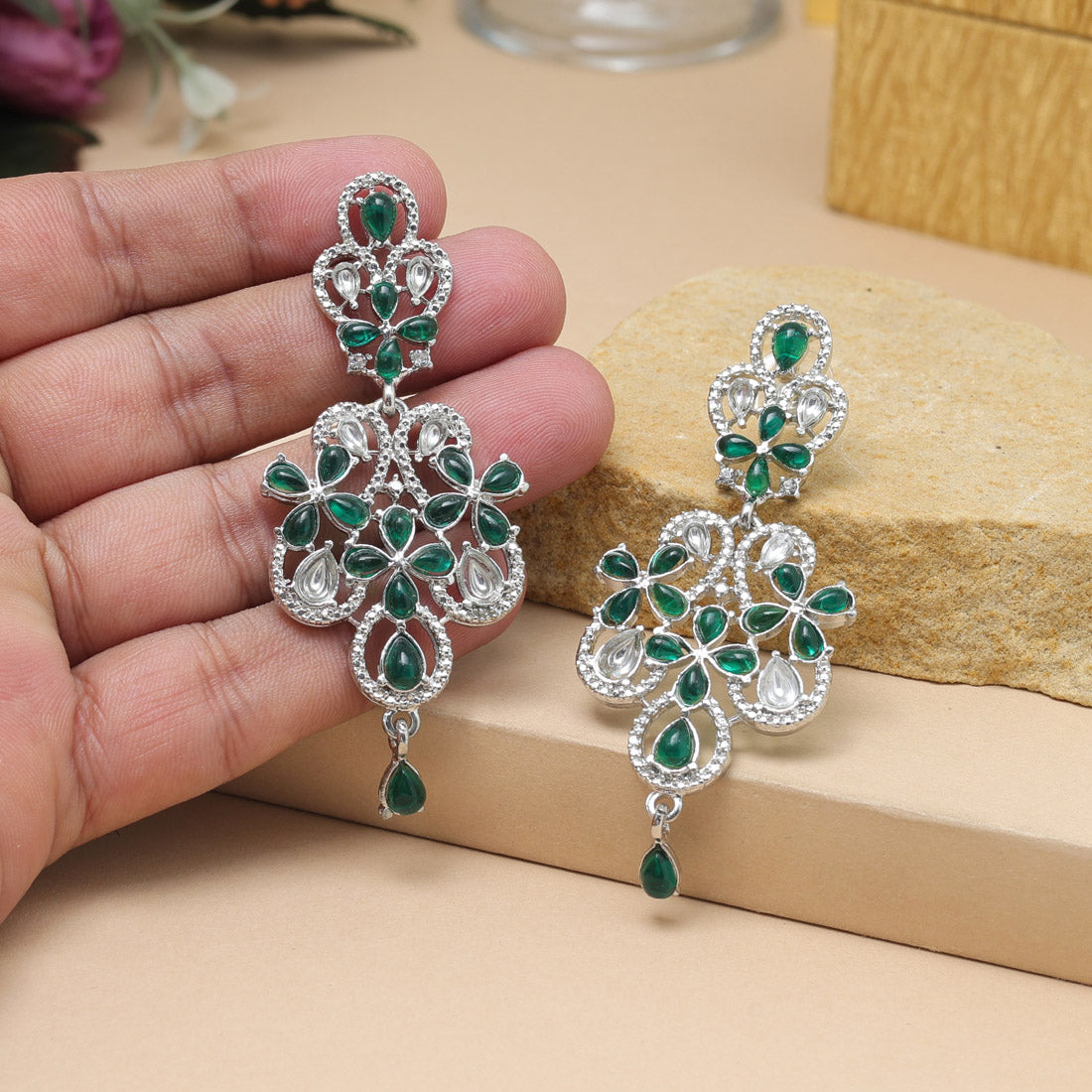 Green Color Fashion Earrings With Floral Carving And Handmade Touch