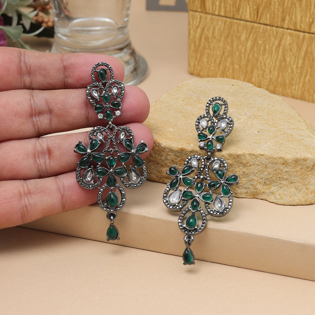 Green Color Fashion Earrings In Classic Peacock Inspired Pattern