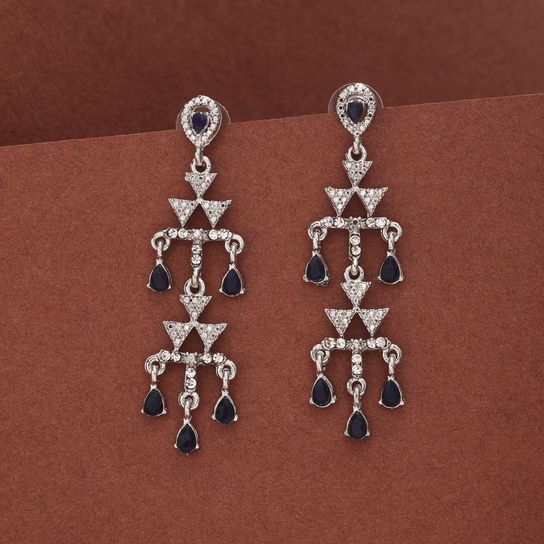 Blue Color Fashion Earrings With Sparkling Stones And Gloss Finish