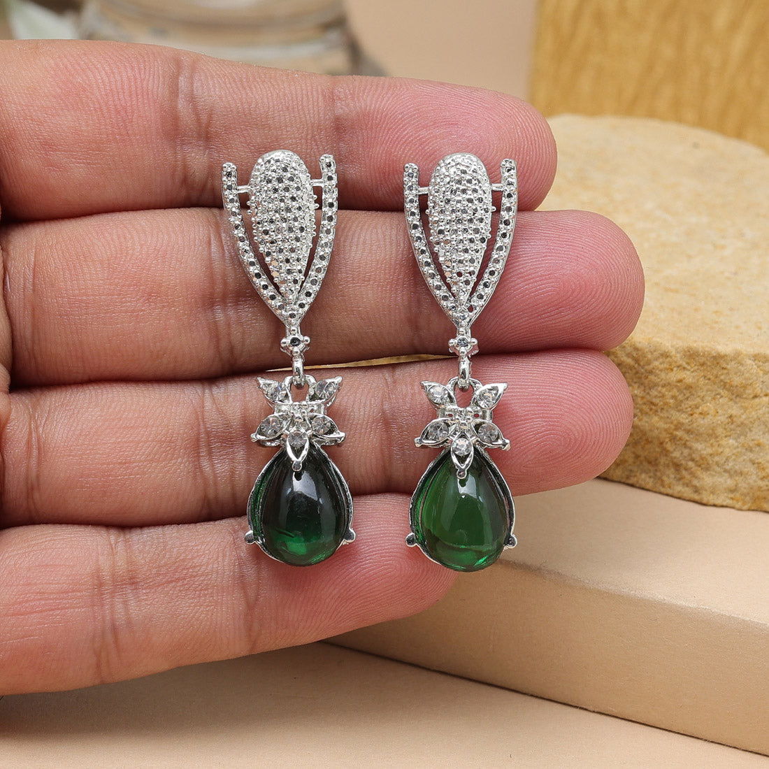 Green Color Fashion Earrings In Bold Modern Style With Shine