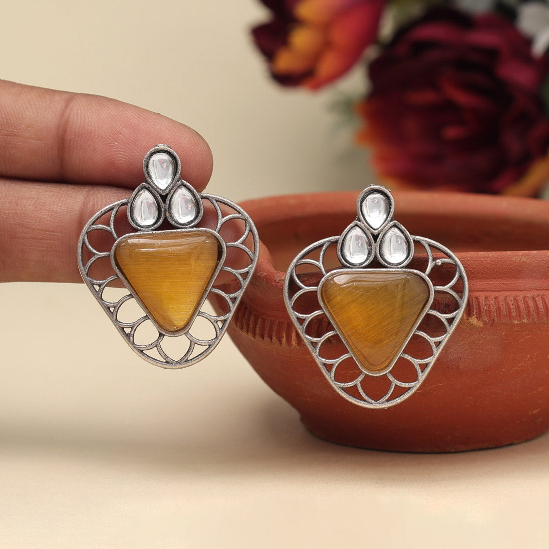 Yellow Color Monalisa Stone Oxidised Earrings (GSE2829YLW)