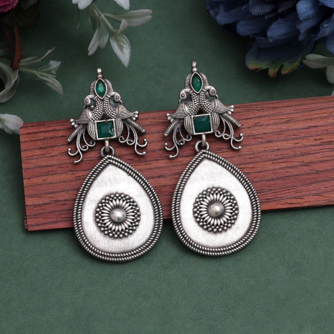 Green Color Oxidised Earrings (GSE2938GRN)