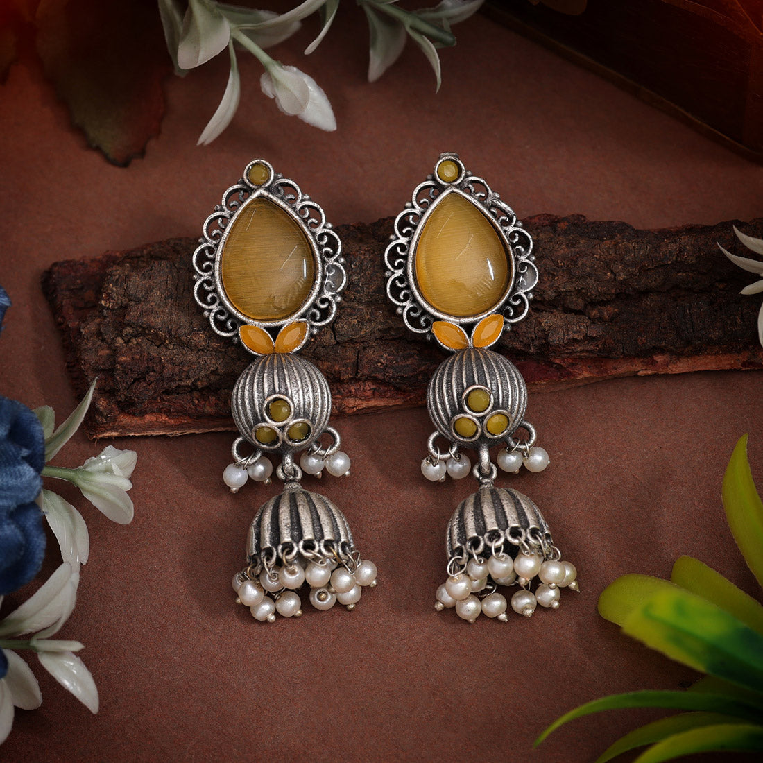 Yellow Color Monalisa Stone Oxidised Earrings (GSE2958YLW)