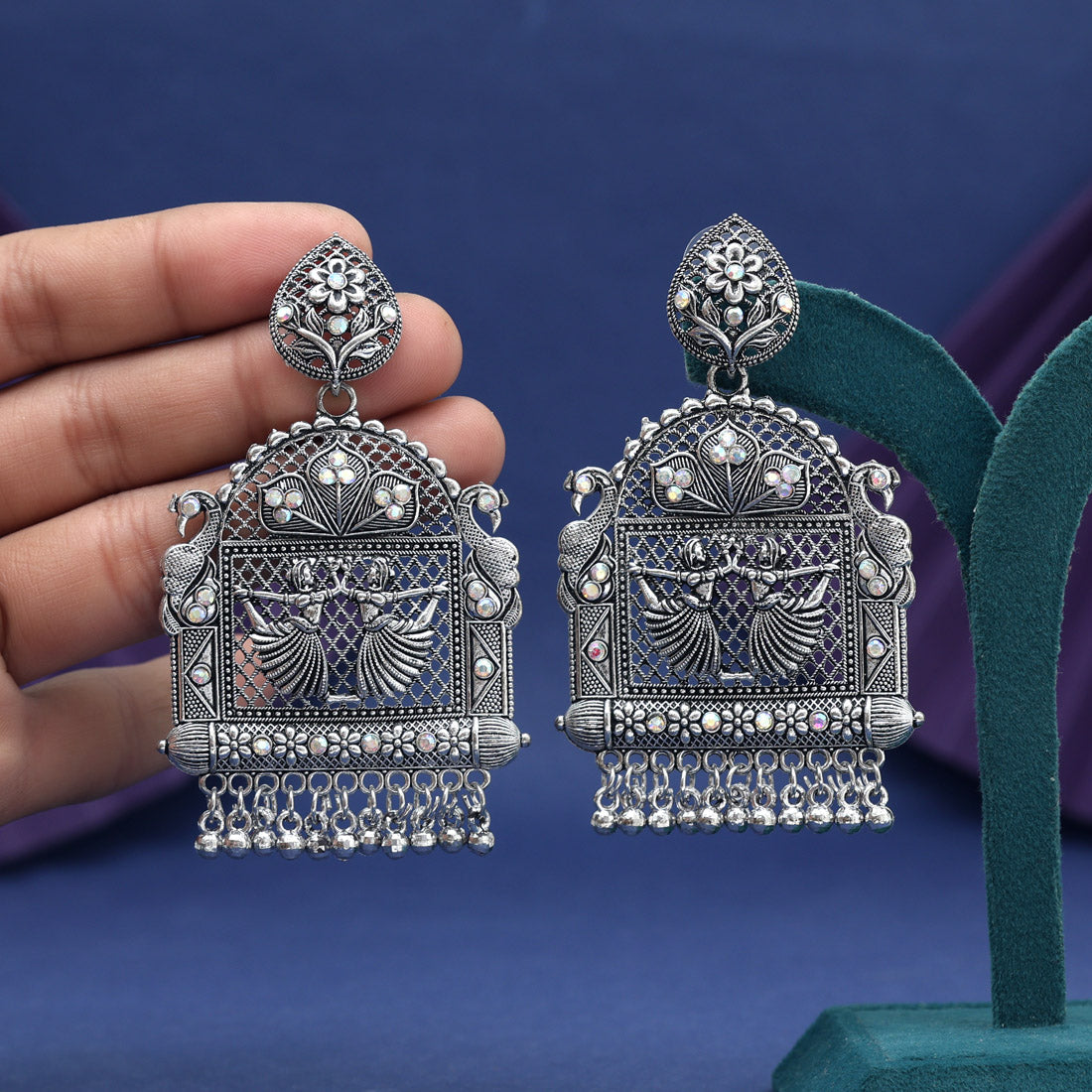 Silver Color Glass Stone Oxidised Earrings