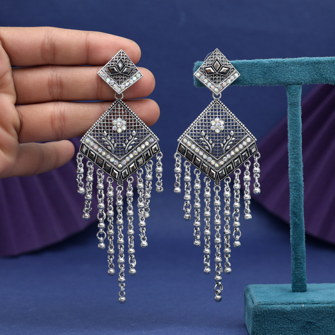 Silver Color Glass Stone Oxidised Earrings – Eindiawholesale