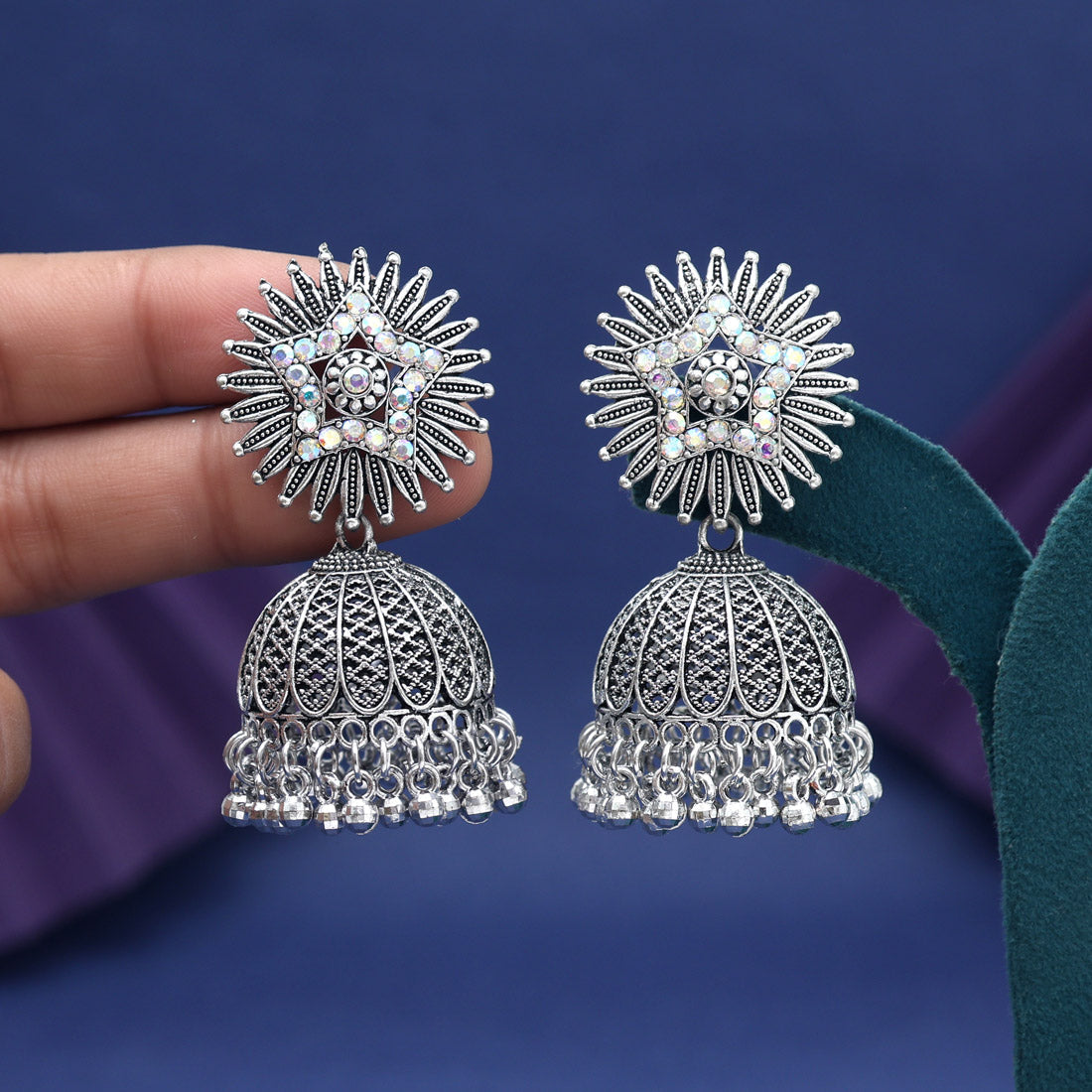 Silver Color Glass Stone Oxidised Earrings