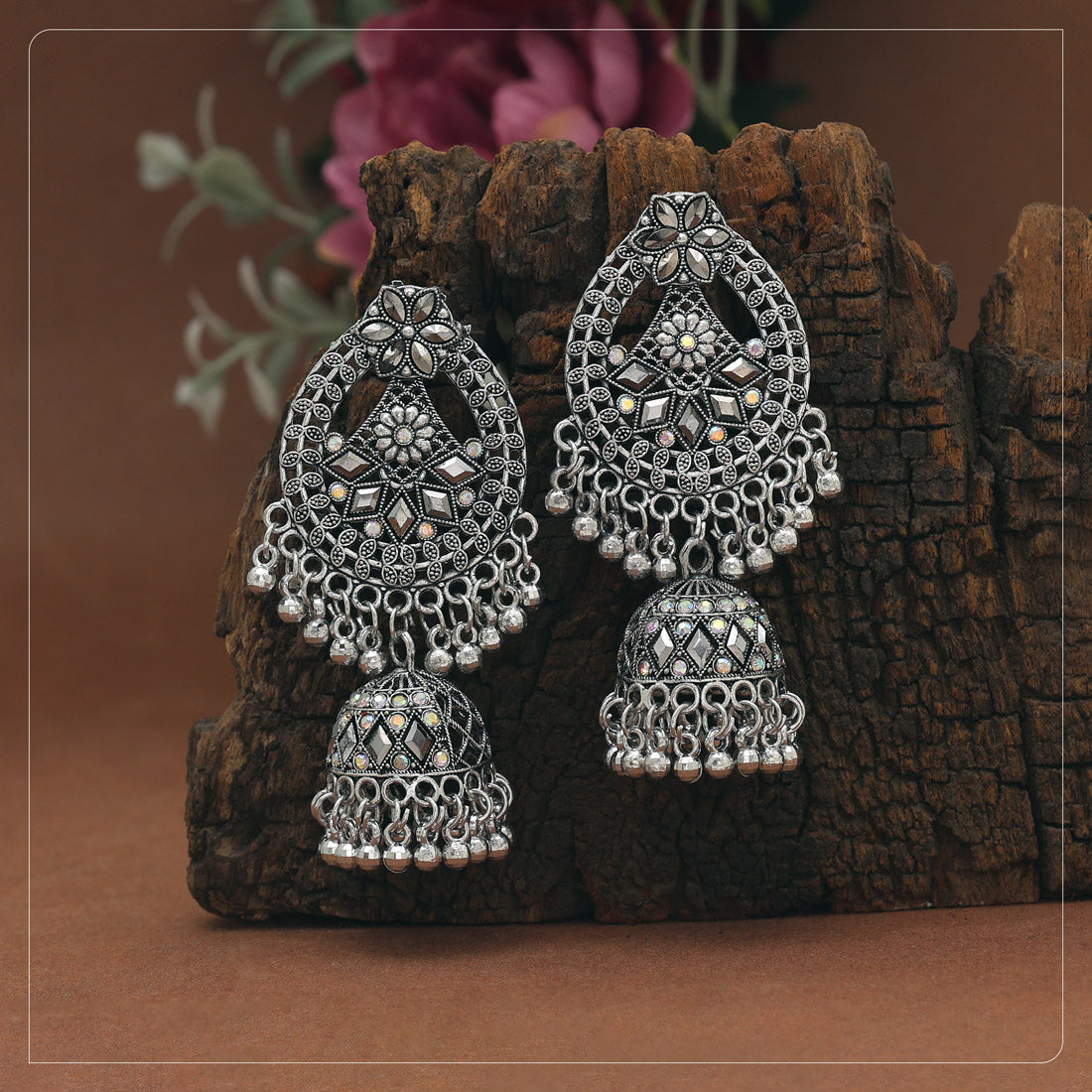 Silver Color Glass Stone Oxidised Earrings