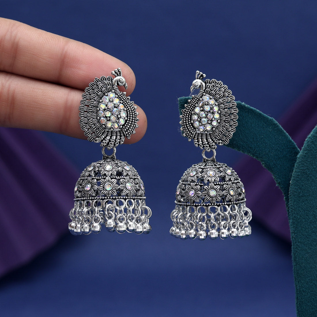 Silver Color Glass Stone Oxidised Earrings