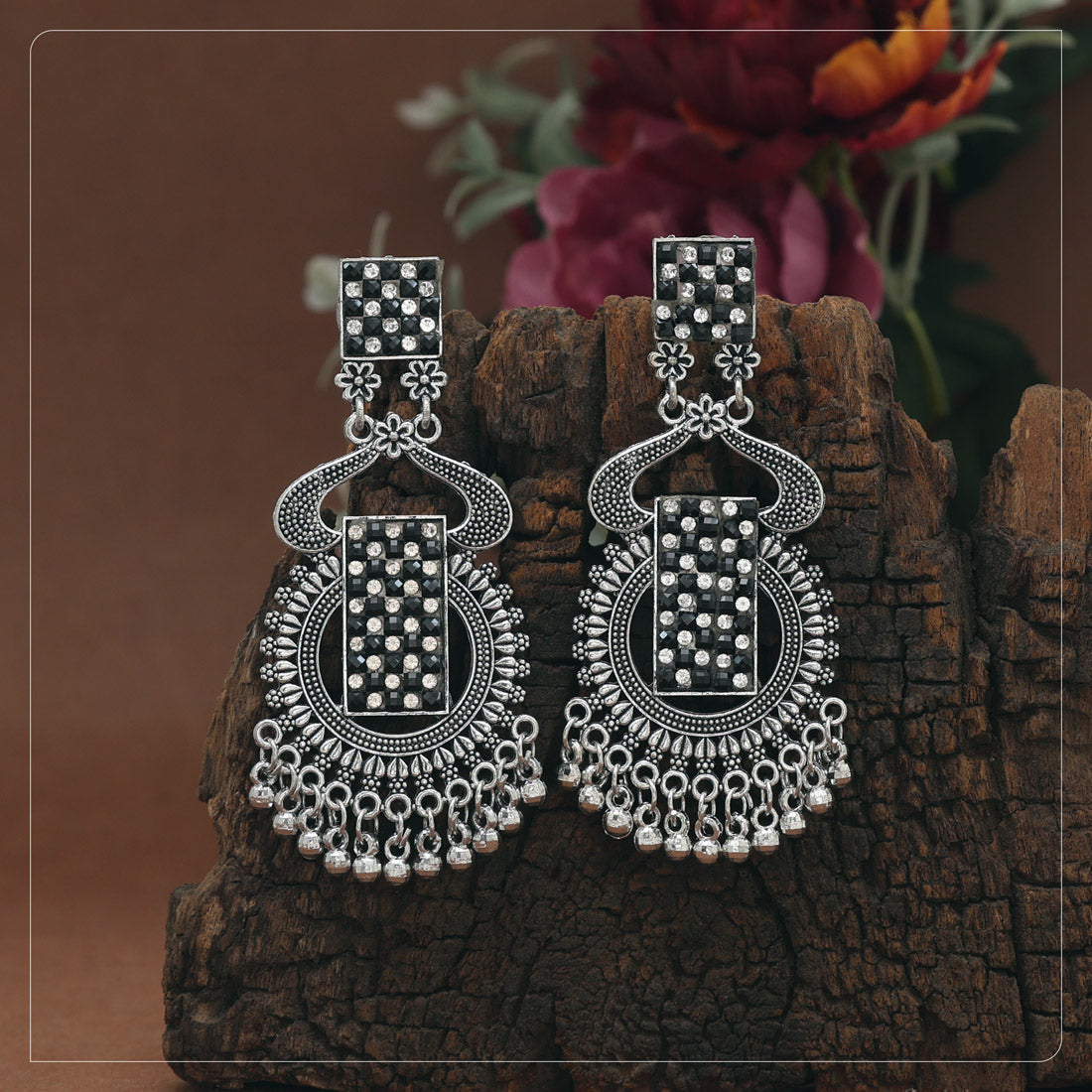 Black Color Glass Stone Oxidised Earrings