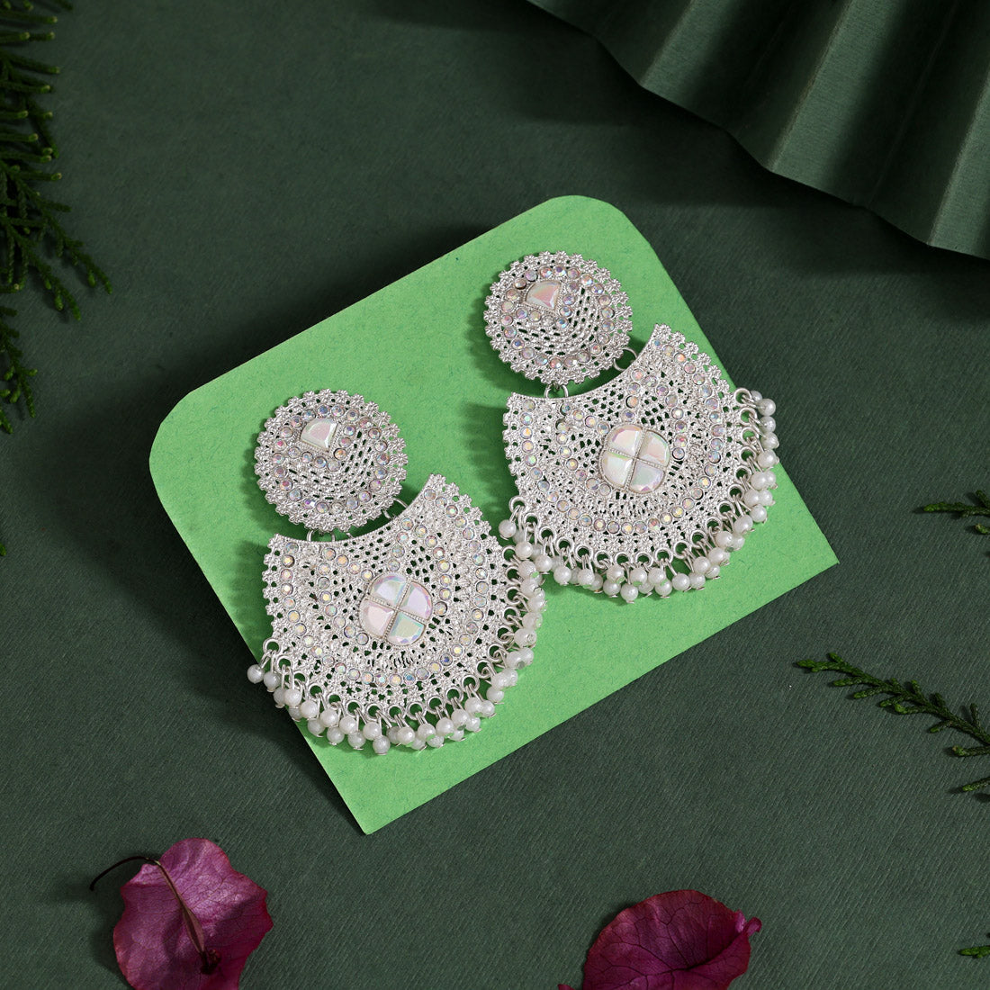 White Color Glass Stone Oxidised Earrings