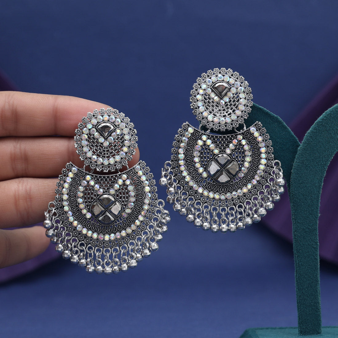 Silver Color Glass Stone Oxidised Earrings