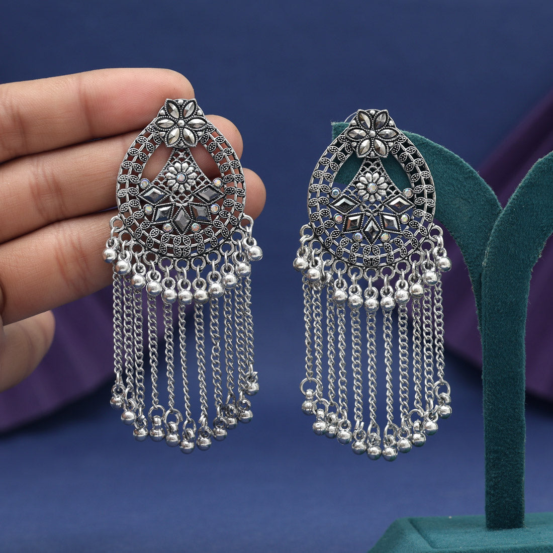 Silver Color Glass Stone Oxidised Earrings