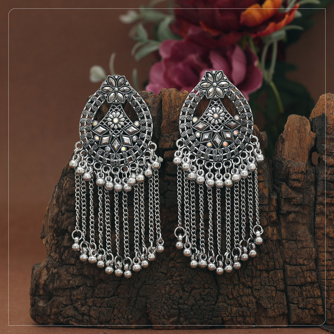 Silver Color Glass Stone Oxidised Earrings