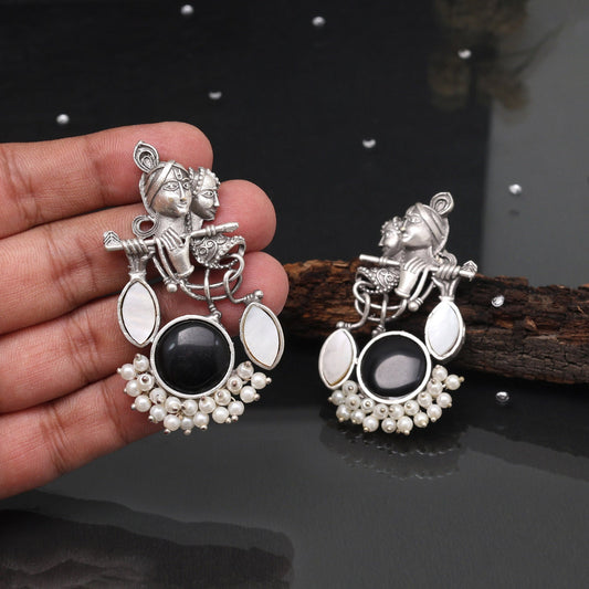 Black Color Oxidised Earrings Featuring Lord Radha Krishna Classic Theme