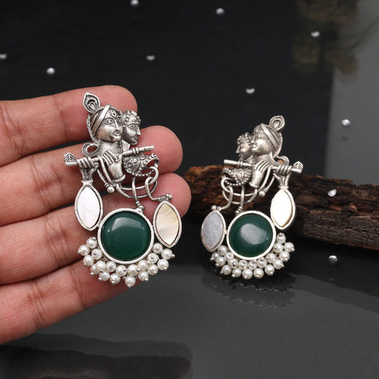 Green Color Lord Radha Krishna Inspired Festival Oxidised Earrings Design