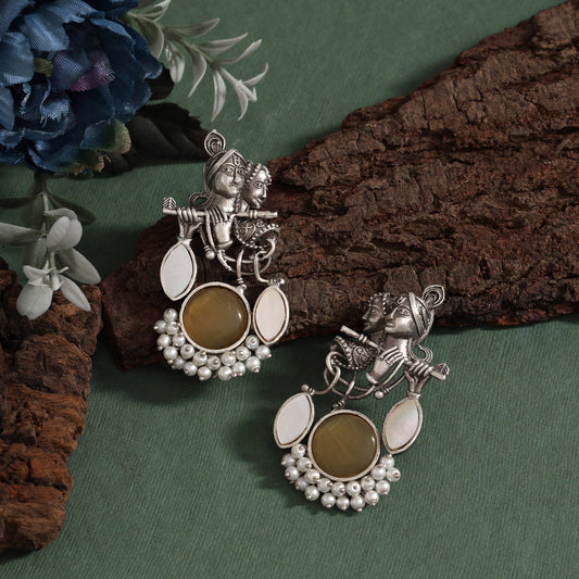 Mustard Yellow Color Lord Radha Krishna Style Traditional Oxidised Earrings