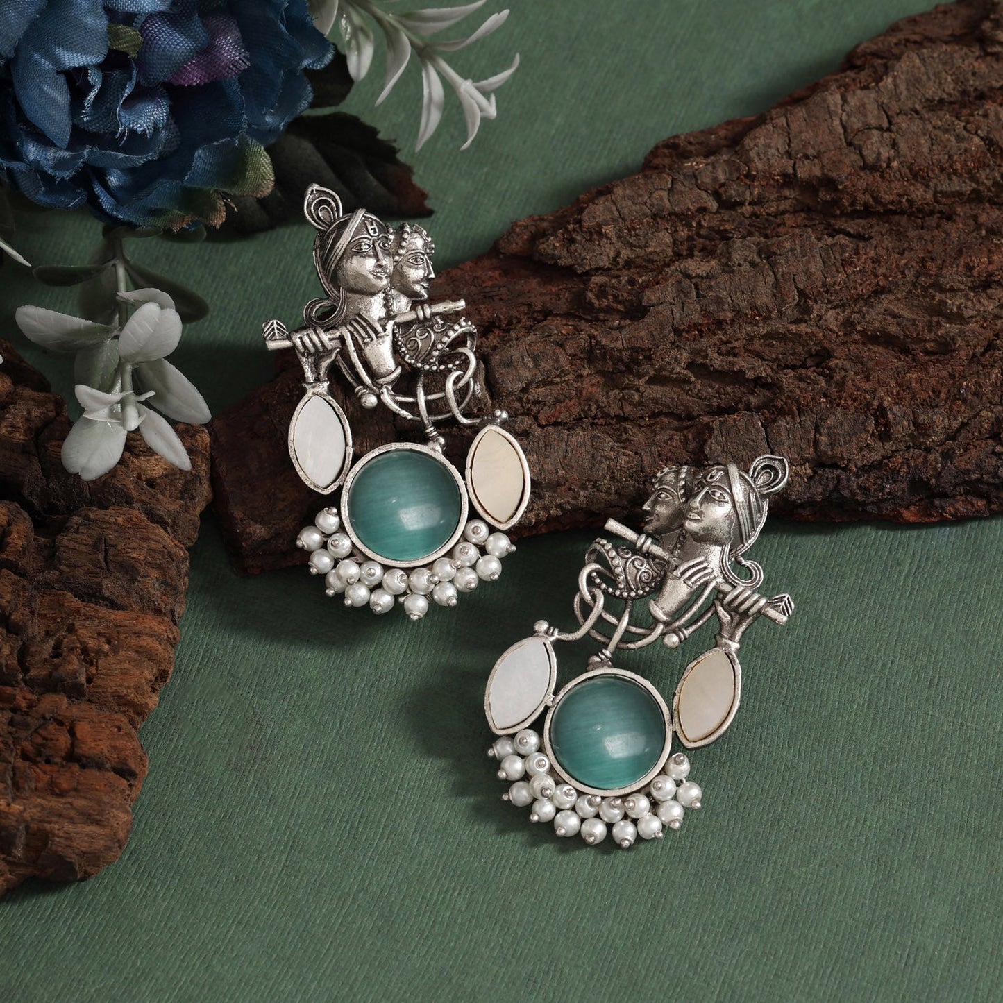 Pista Green Color Oxidised Earrings In Radha Krishna Devotional Style