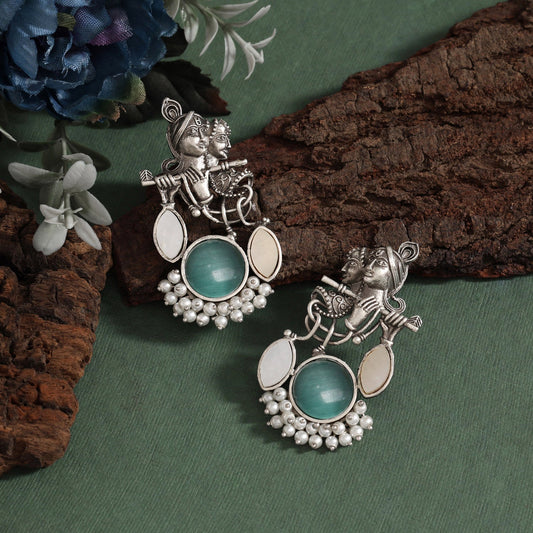 Pista Green Color Oxidised Earrings In Radha Krishna Devotional Style