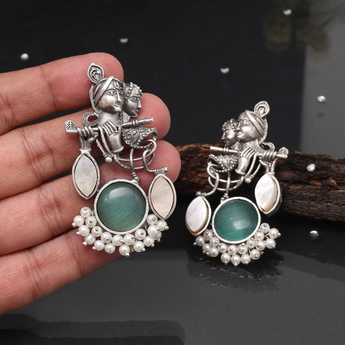 Pista Green Color Oxidised Earrings In Radha Krishna Devotional Style